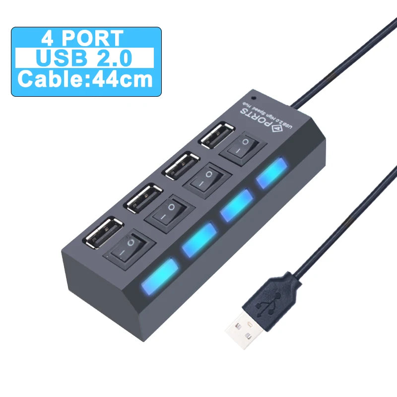 USB Hub 3.0 Hub USB 3 USB 2.0 Multi Splitter Adaptador de Energia, Expansor múltiplo com interruptor para PC Acessórios, 4, 7 Port