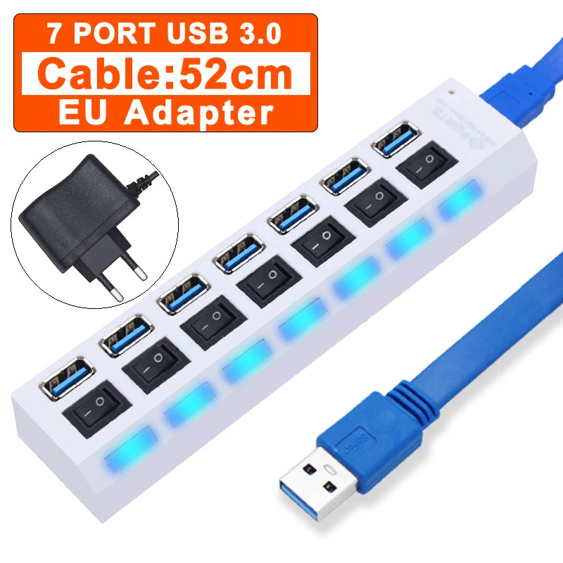 USB Hub 3.0 Hub USB 3 USB 2.0 Multi Splitter Adaptador de Energia, Expansor múltiplo com interruptor para PC Acessórios, 4, 7 Port