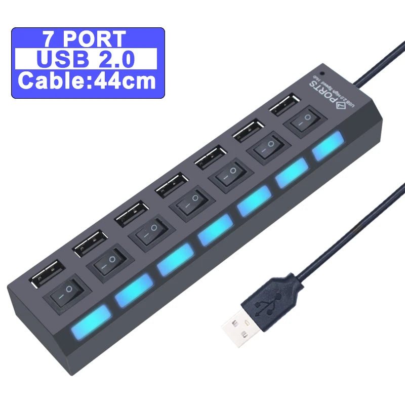 USB Hub 3.0 Hub USB 3 USB 2.0 Multi Splitter Adaptador de Energia, Expansor múltiplo com interruptor para PC Acessórios, 4, 7 Port