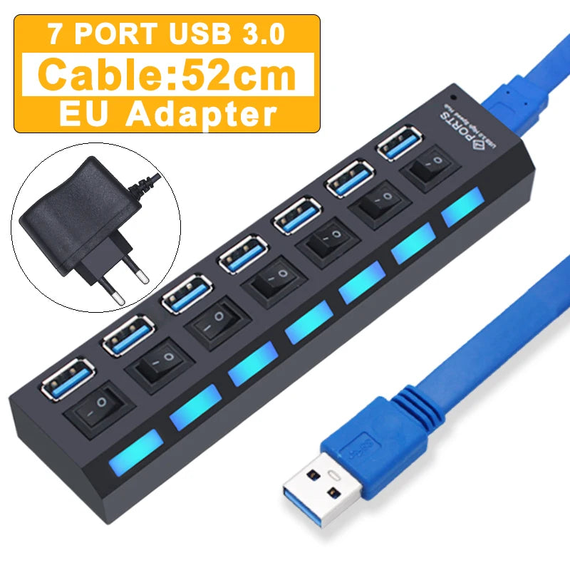 USB Hub 3.0 Hub USB 3 USB 2.0 Multi Splitter Adaptador de Energia, Expansor múltiplo com interruptor para PC Acessórios, 4, 7 Port