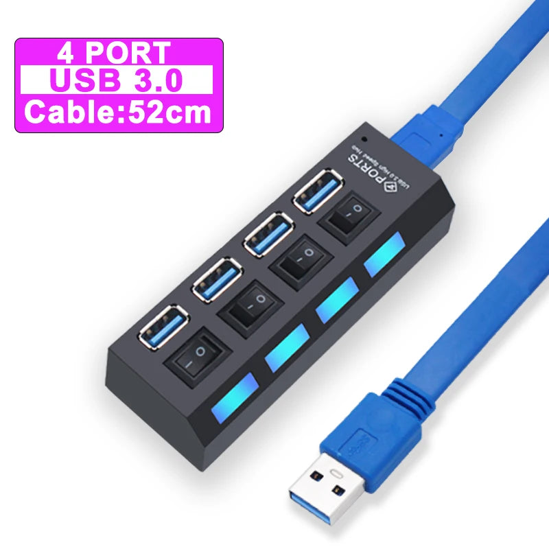 USB Hub 3.0 Hub USB 3 USB 2.0 Multi Splitter Adaptador de Energia, Expansor múltiplo com interruptor para PC Acessórios, 4, 7 Port