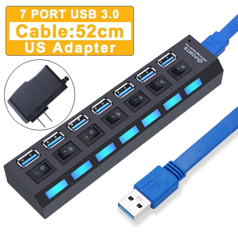 USB Hub 3.0 Hub USB 3 USB 2.0 Multi Splitter Adaptador de Energia, Expansor múltiplo com interruptor para PC Acessórios, 4, 7 Port