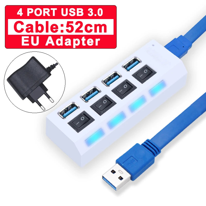 USB Hub 3.0 Hub USB 3 USB 2.0 Multi Splitter Adaptador de Energia, Expansor múltiplo com interruptor para PC Acessórios, 4, 7 Port