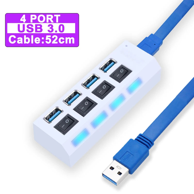 USB Hub 3.0 Hub USB 3 USB 2.0 Multi Splitter Adaptador de Energia, Expansor múltiplo com interruptor para PC Acessórios, 4, 7 Port
