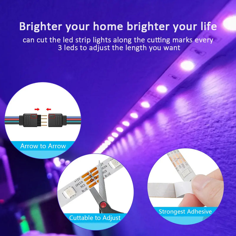 Luzes de tira led rgb 5050 1m a 30m, 16 milhões de cores, rgb, sincronização de música de iluminação de tira led.