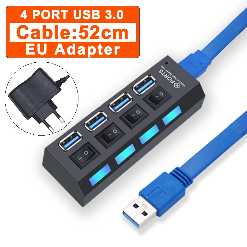 USB Hub 3.0 Hub USB 3 USB 2.0 Multi Splitter Adaptador de Energia, Expansor múltiplo com interruptor para PC Acessórios, 4, 7 Port