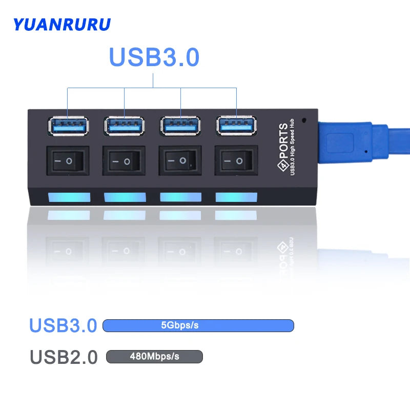 USB Hub 3.0 Hub USB 3 USB 2.0 Multi Splitter Adaptador de Energia, Expansor múltiplo com interruptor para PC Acessórios, 4, 7 Port