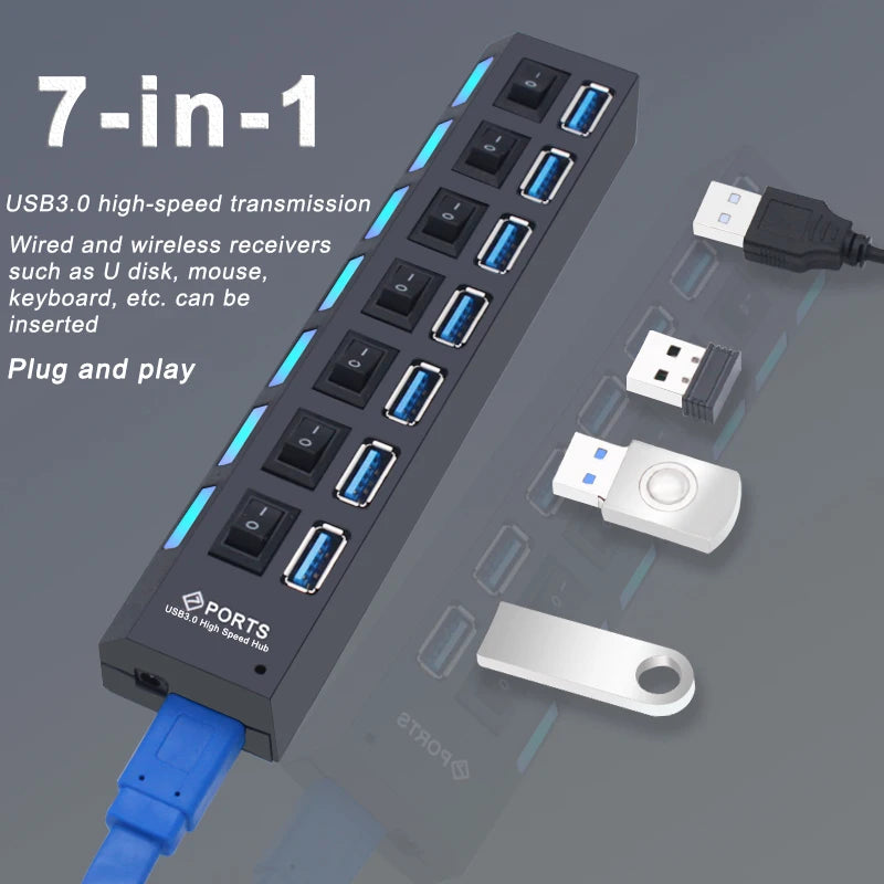 USB Hub 3.0 Hub USB 3 USB 2.0 Multi Splitter Adaptador de Energia, Expansor múltiplo com interruptor para PC Acessórios, 4, 7 Port