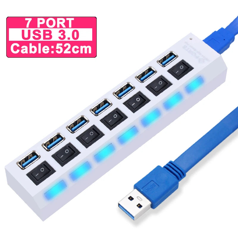 USB Hub 3.0 Hub USB 3 USB 2.0 Multi Splitter Adaptador de Energia, Expansor múltiplo com interruptor para PC Acessórios, 4, 7 Port