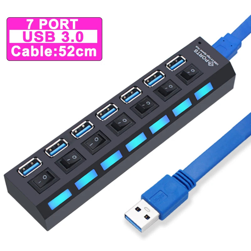 USB Hub 3.0 Hub USB 3 USB 2.0 Multi Splitter Adaptador de Energia, Expansor múltiplo com interruptor para PC Acessórios, 4, 7 Port