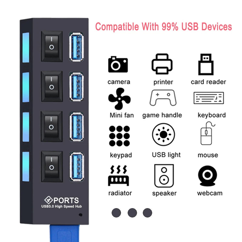 USB Hub 3.0 Hub USB 3 USB 2.0 Multi Splitter Adaptador de Energia, Expansor múltiplo com interruptor para PC Acessórios, 4, 7 Port
