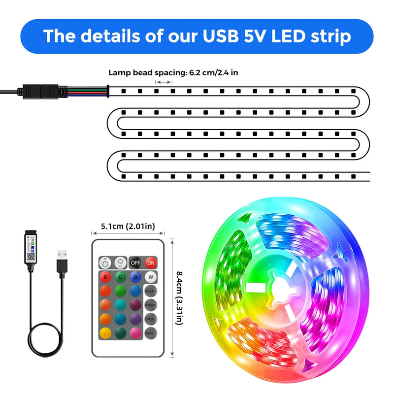 Luzes de tira led rgb 5050 1m a 30m, 16 milhões de cores, rgb, sincronização de música de iluminação de tira led.